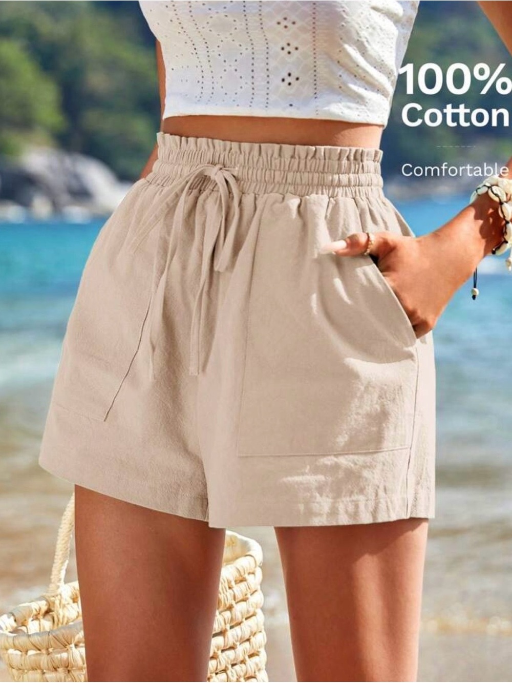 Beige drawstring Paperbag Cotton Shorts